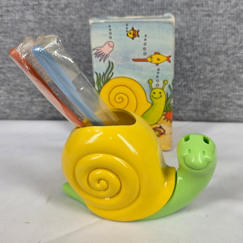 AVON VINTAGE 1970s SMILE‑N‑SNAIL TOOTHBRUSH HOLDER + 2 TOOTHBRUSH – NIB / NOS - Picture 2 of 9